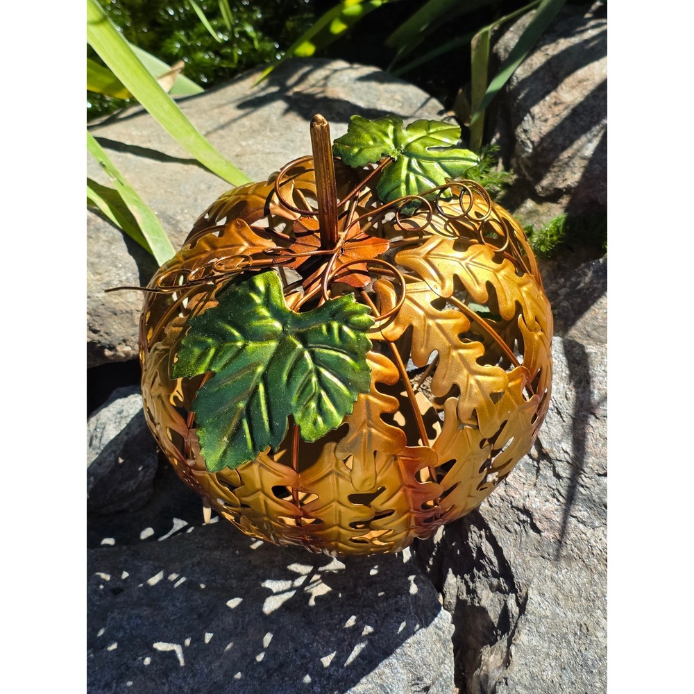 Gold Metal Oak Leaf Pumpkin Lantern Fall Harvest Thanksgiving Decor 10 inch